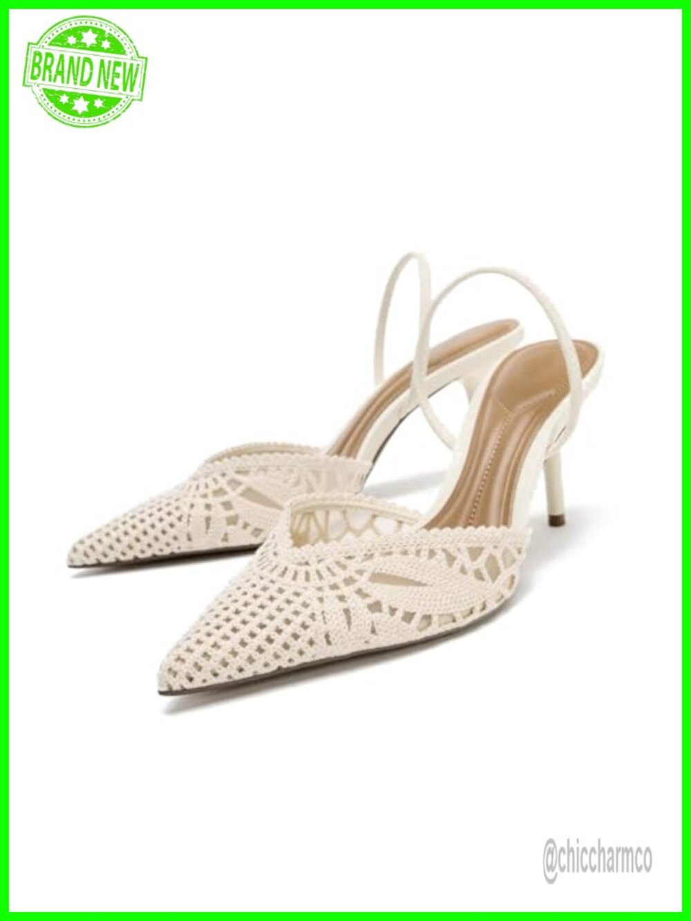 Crochet Knit Mesh Slingback Pointed Toe Kitten Heel Heeled Sandals Wedding